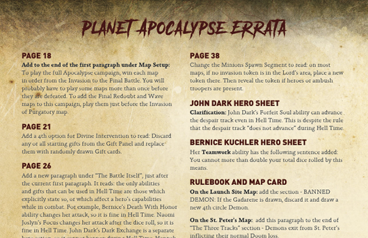Planet Apocalypse Errata Quick List